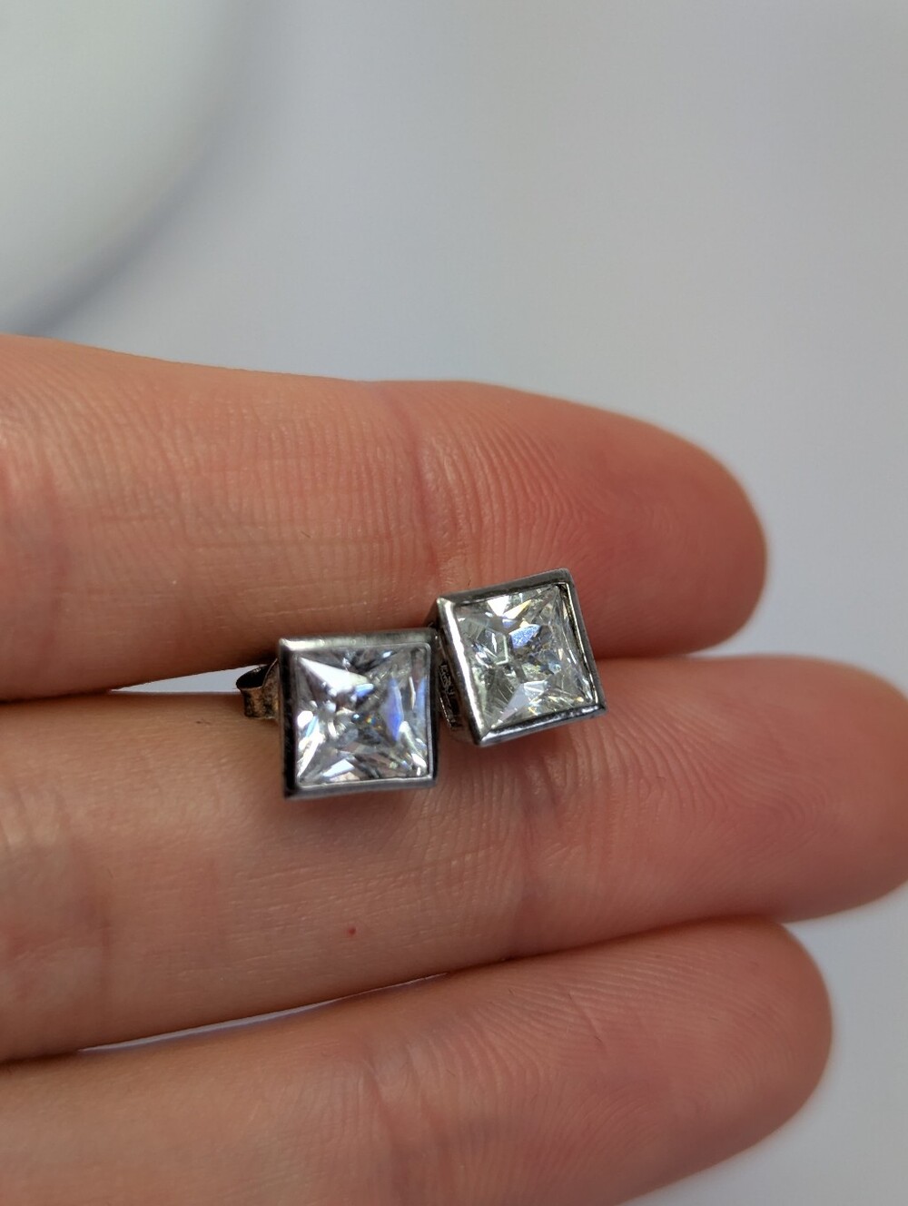 Silver Square Cubic Zirconia Stud Earrings - White